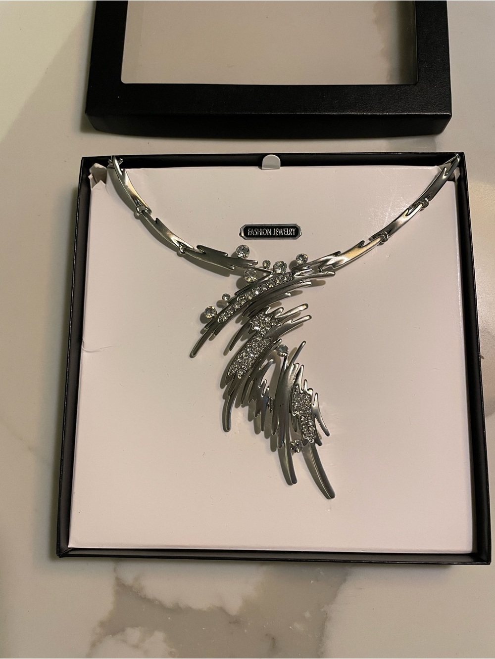 Fashion Jewelry Silver-Tone Sculptural Crystal Pendant Necklace